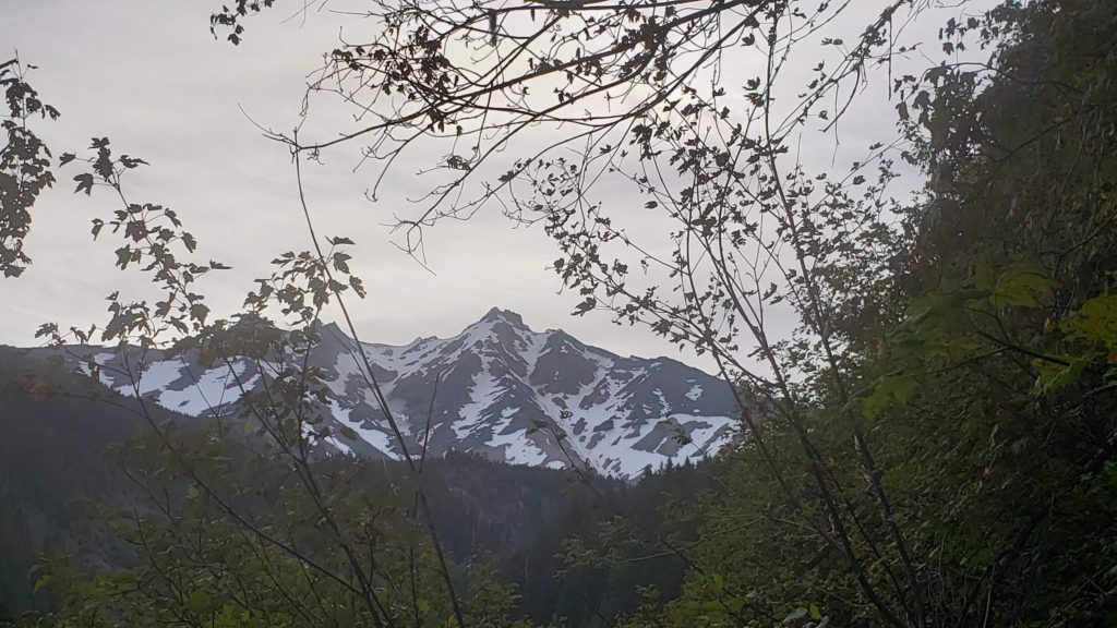 first view of mount jefferson from pamelia lake trail