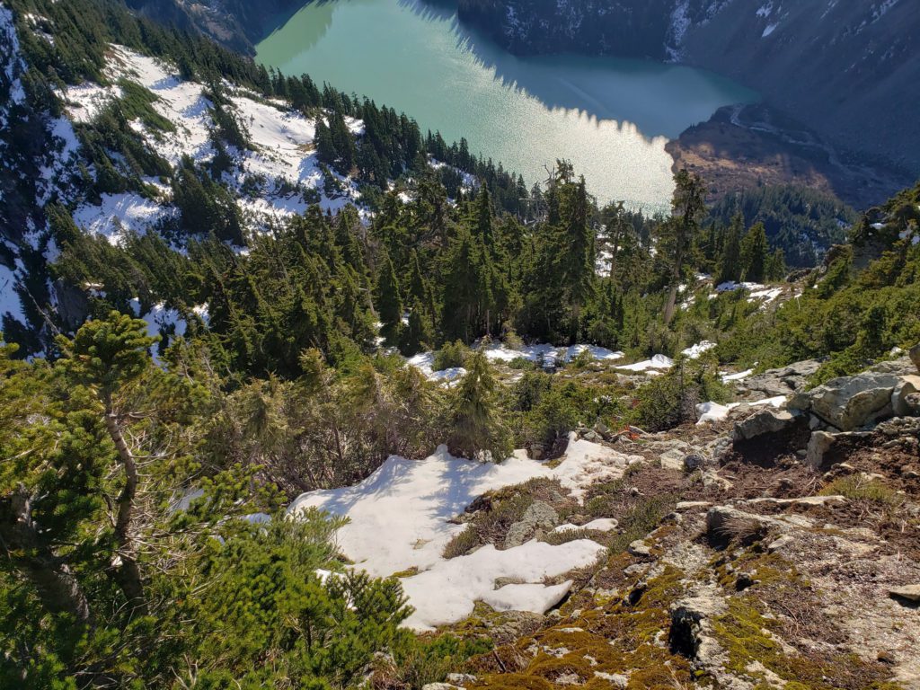 looking down on blanca lake from kyes peak's ridge line