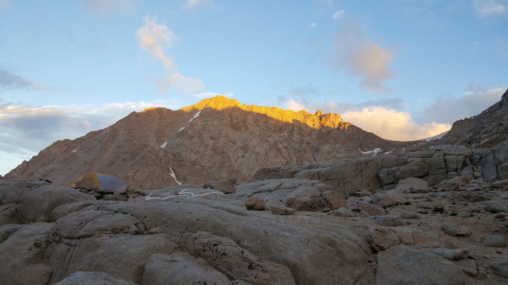 our tent at sunset near the 99 switchbacks on mount whitney