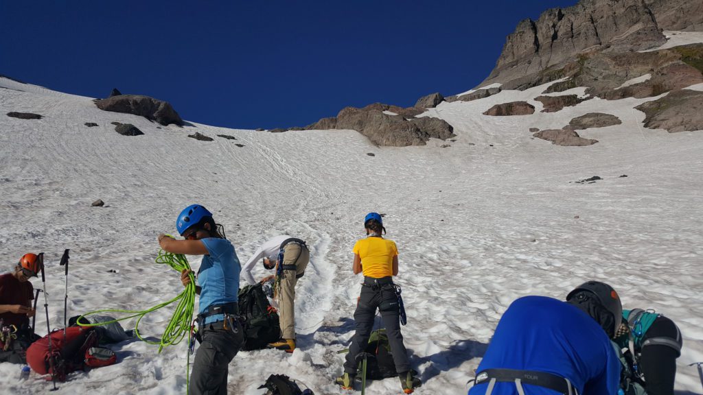 setting up rope teams for the lower glacier