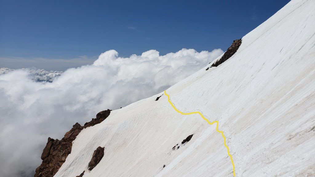 snowfield traverse below the summit on mount jefferson