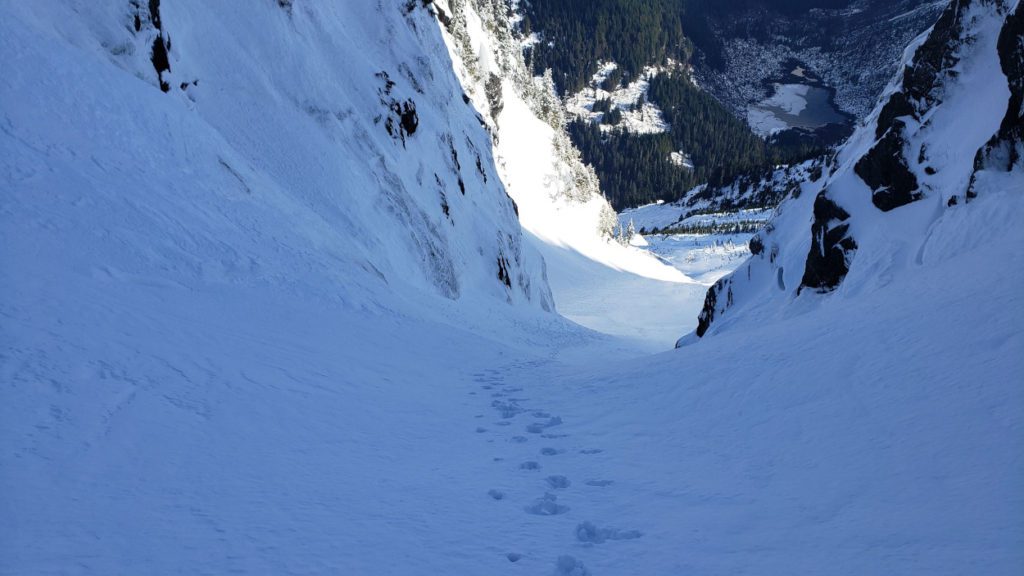looking back on the climb of hourglass gully