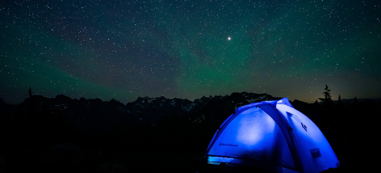aurora borealis and our tent in gothic basin