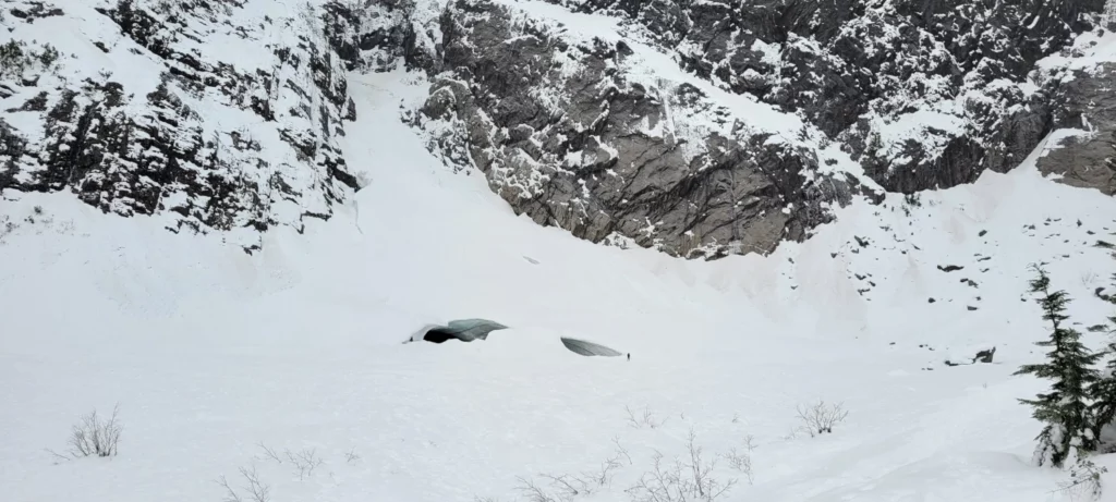 first view of the ice caves from the snowshoe route