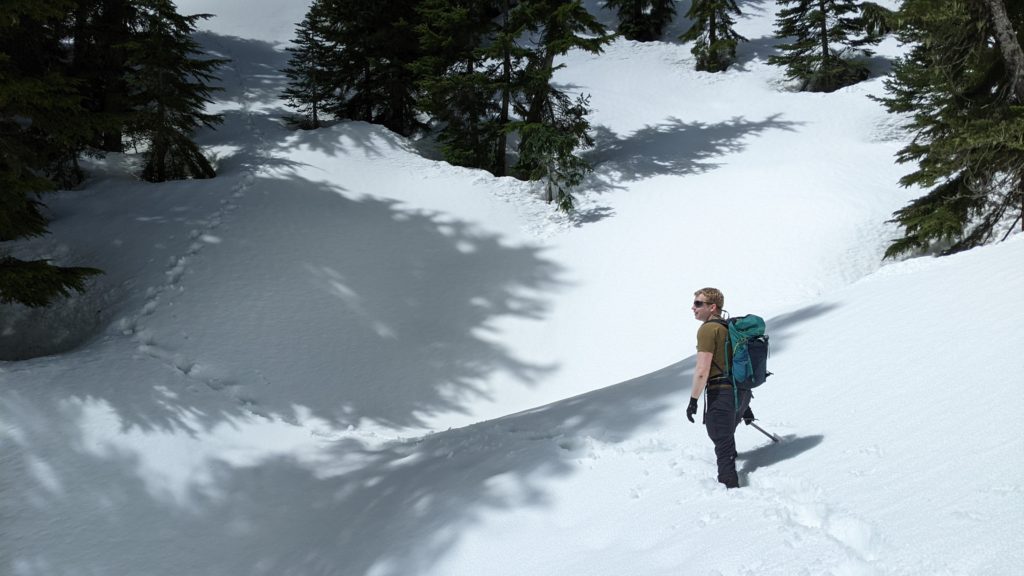 trudging through very deep snow in the winter route of mount dickerman