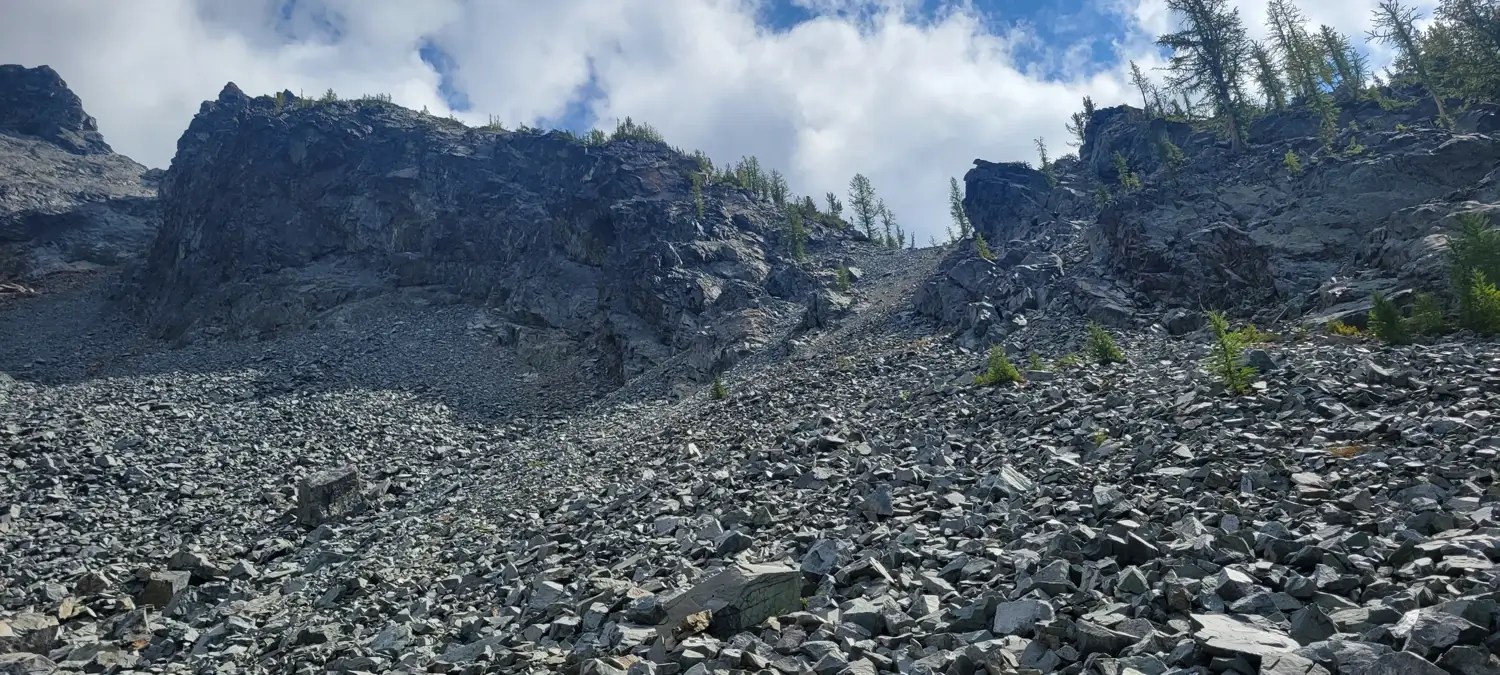 scree ramp up to the south west ridge on south spectacle butte