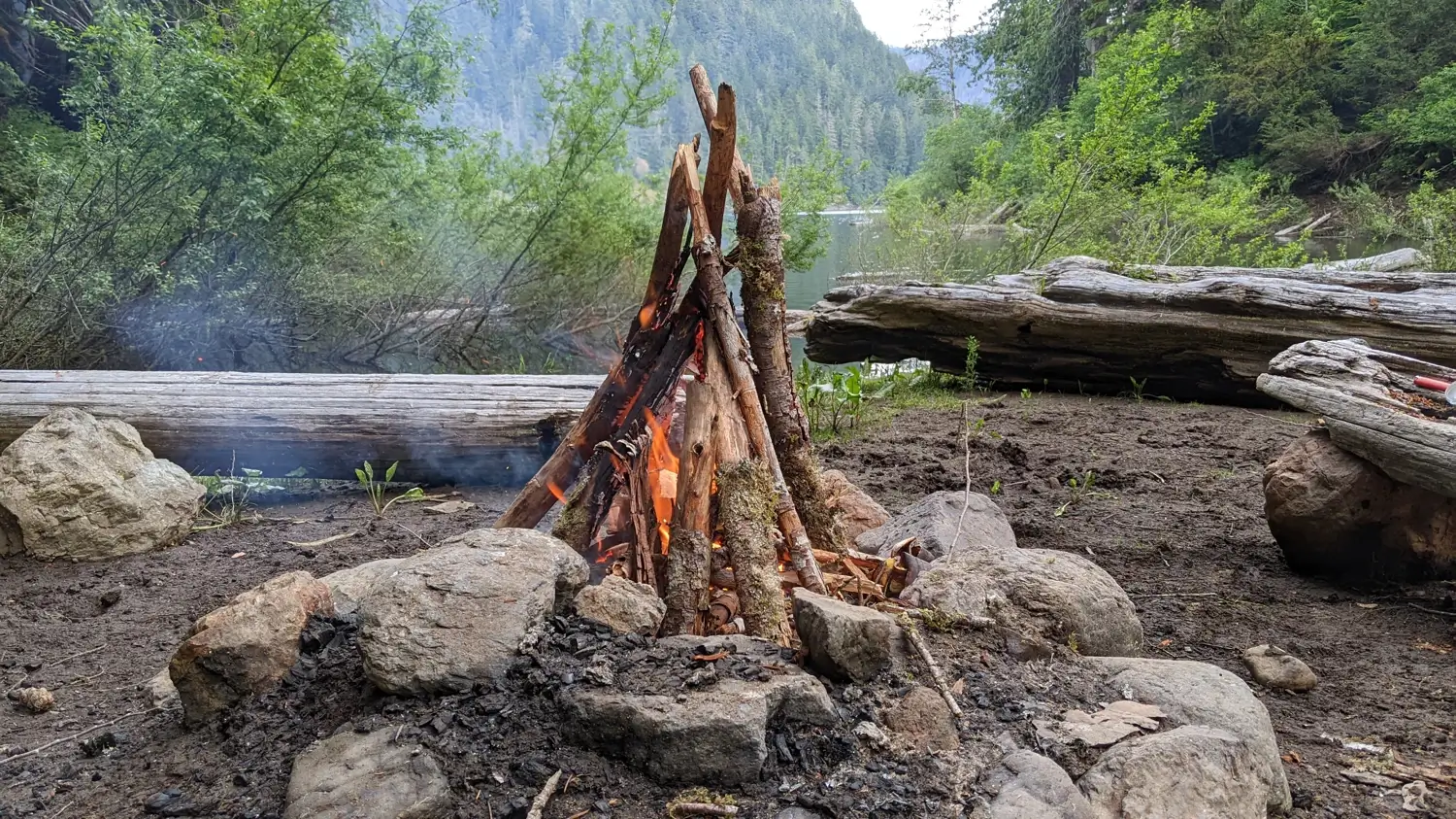 fire at campsite by lower lena lake